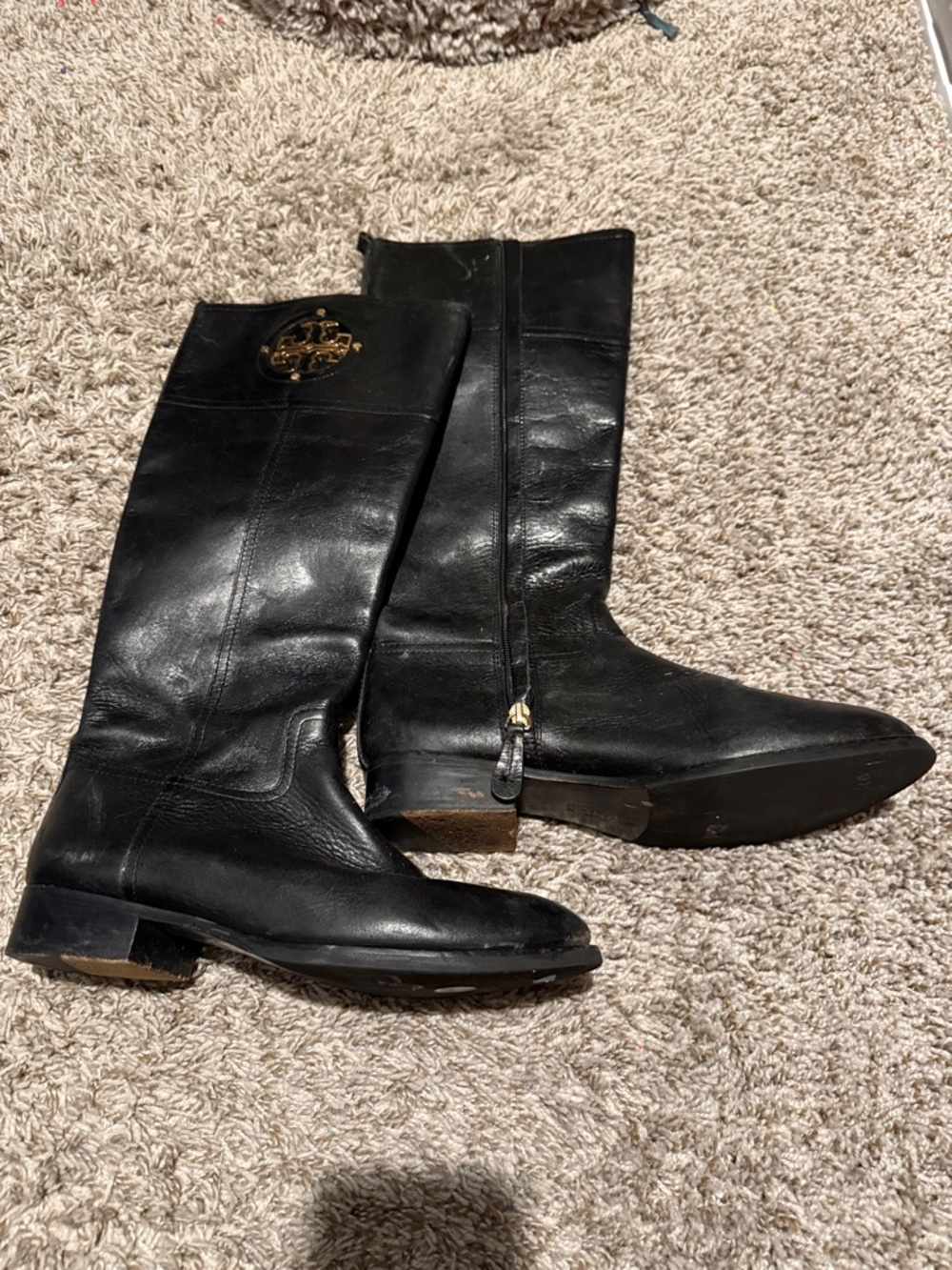 Tory Burch Black Leather Over-the-Knee Boots with Gold Logo